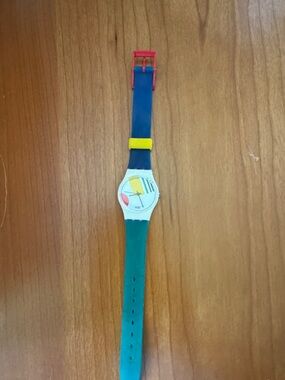 Swatch Colorblock Silicone vintage Watch in Blue, Teal, Yellow, and Pink